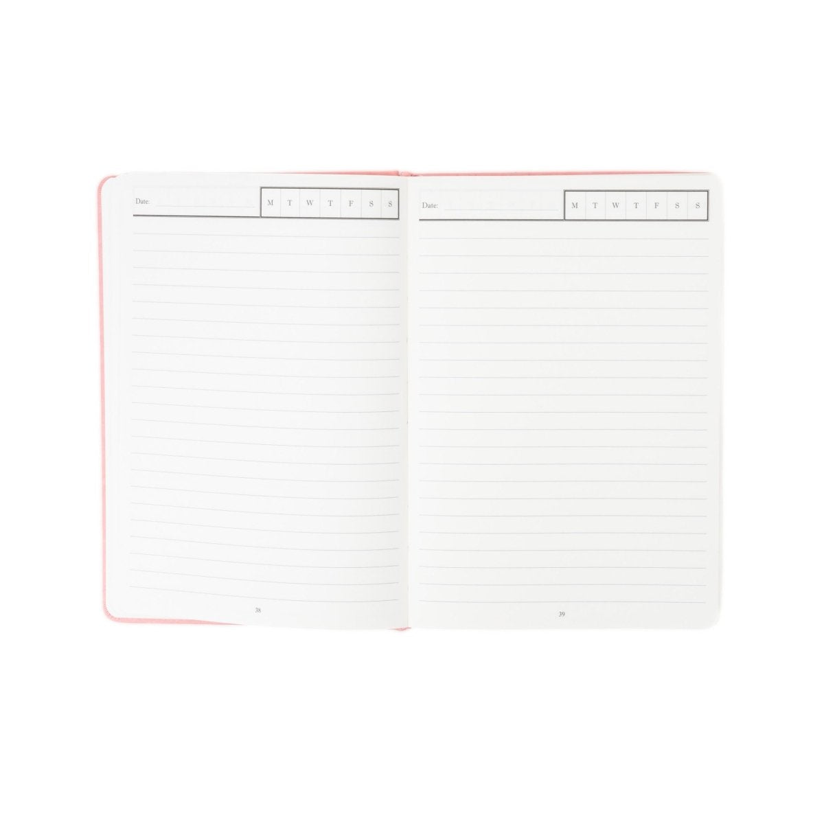 Undated executive journal open to lined planner pages with pink page borders