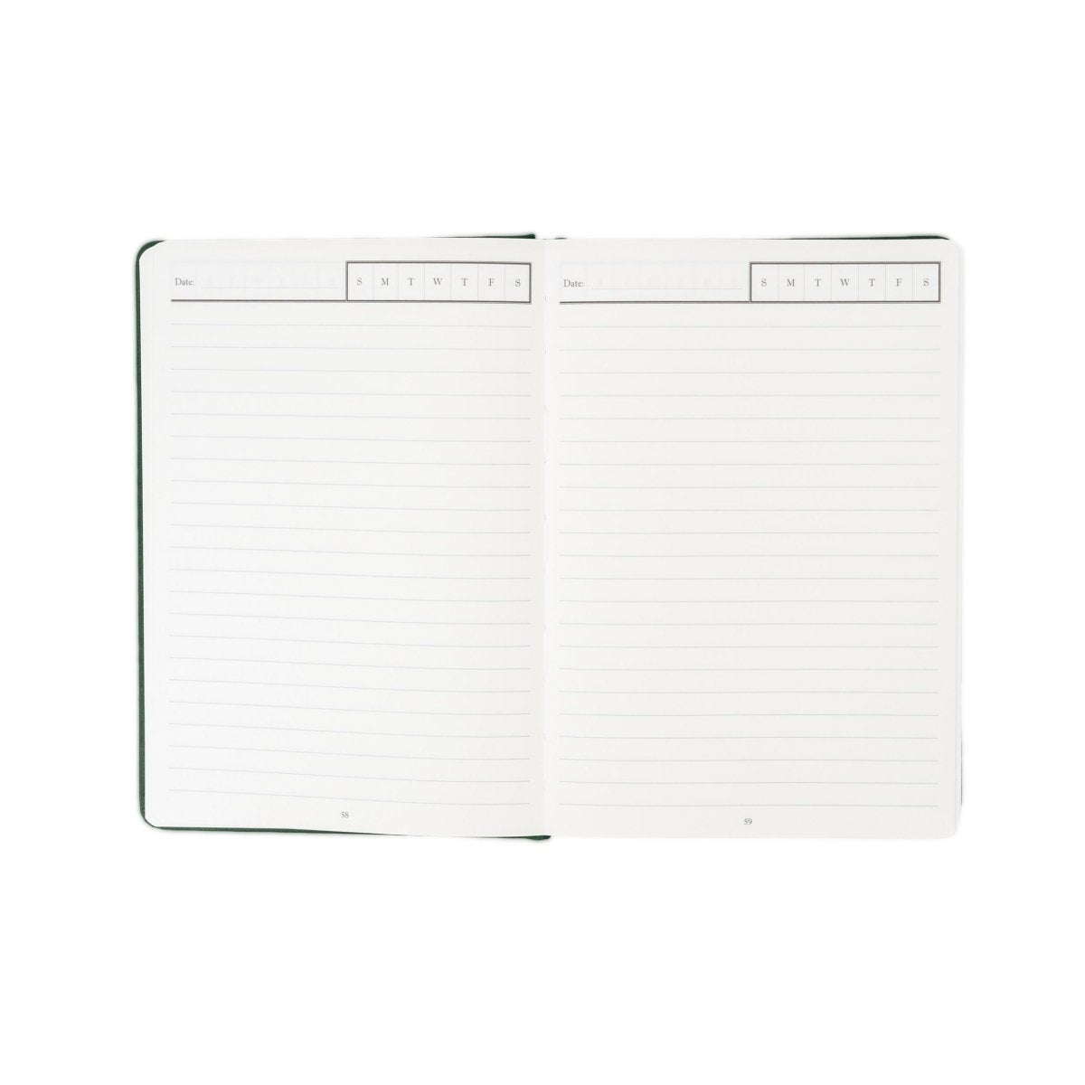 Undated executive journal, open to weekly planner grids with green edge trim