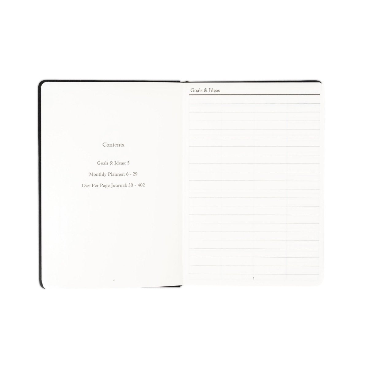 Undated executive journal, open view with black trim and goals & ideas pages