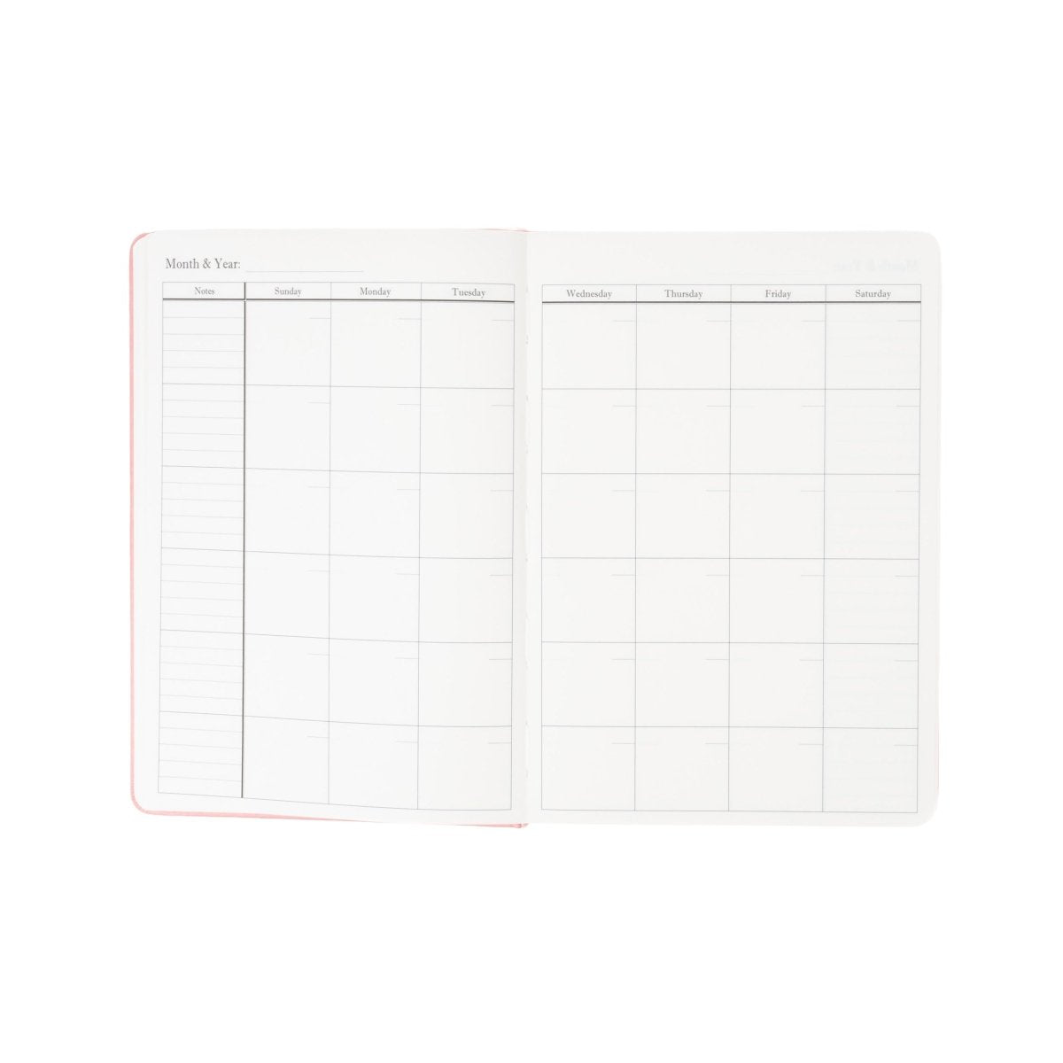 Undated executive journal, open to monthly and yearly grid pages with pink trim