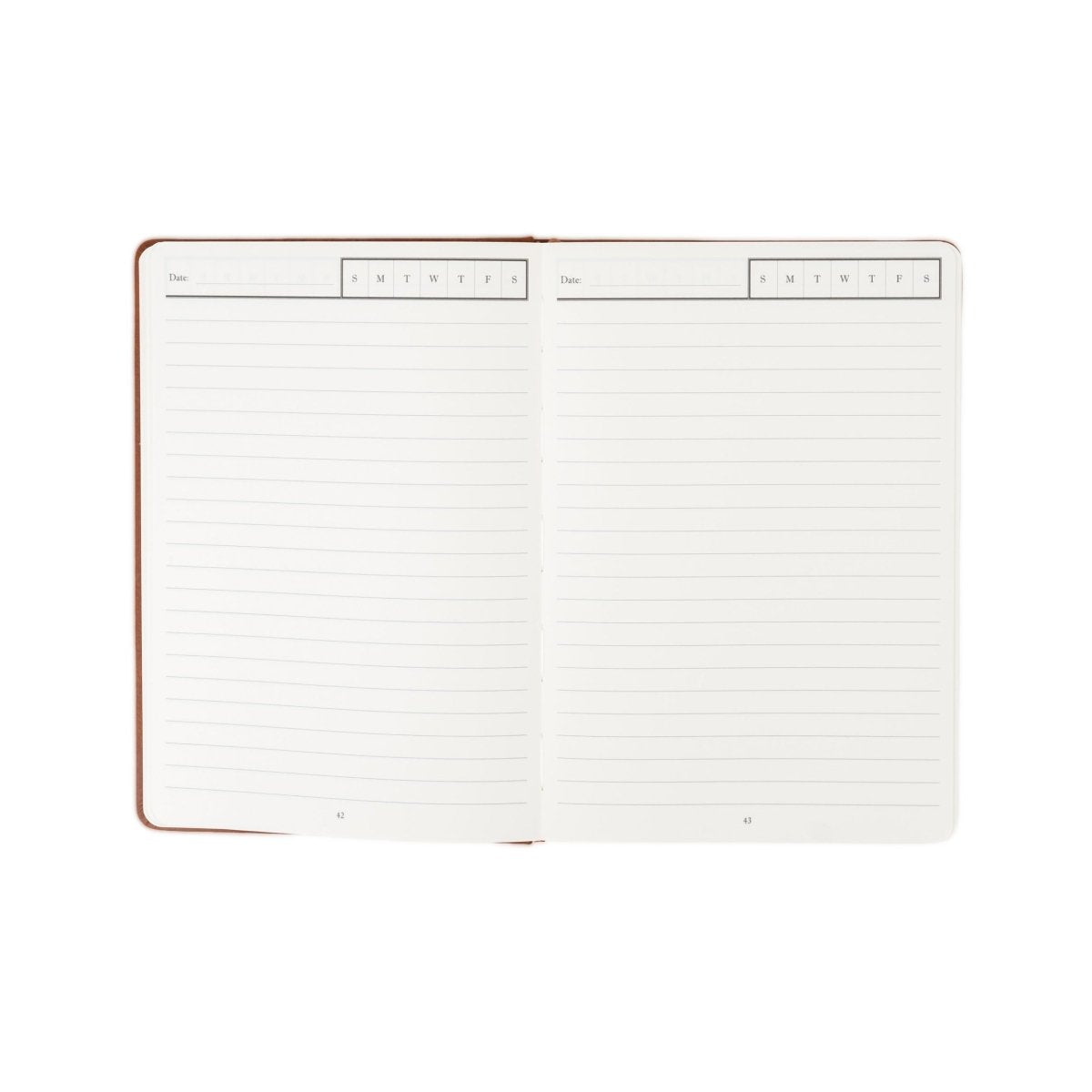 Undated weekly planner journal open with lined notes pages on both sides.