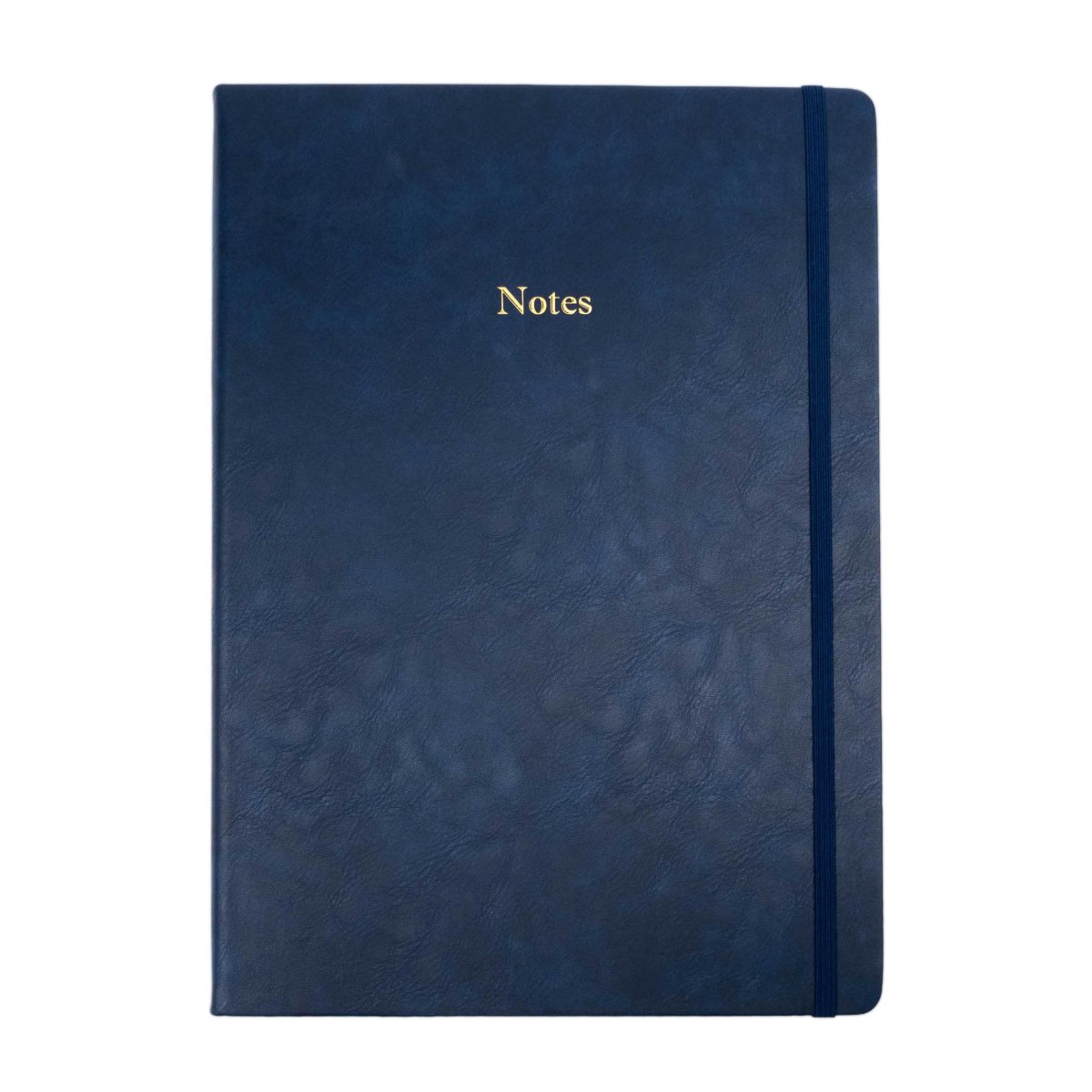 Executive notebook with navy blue cover and side elastic band, debossed “Notes”