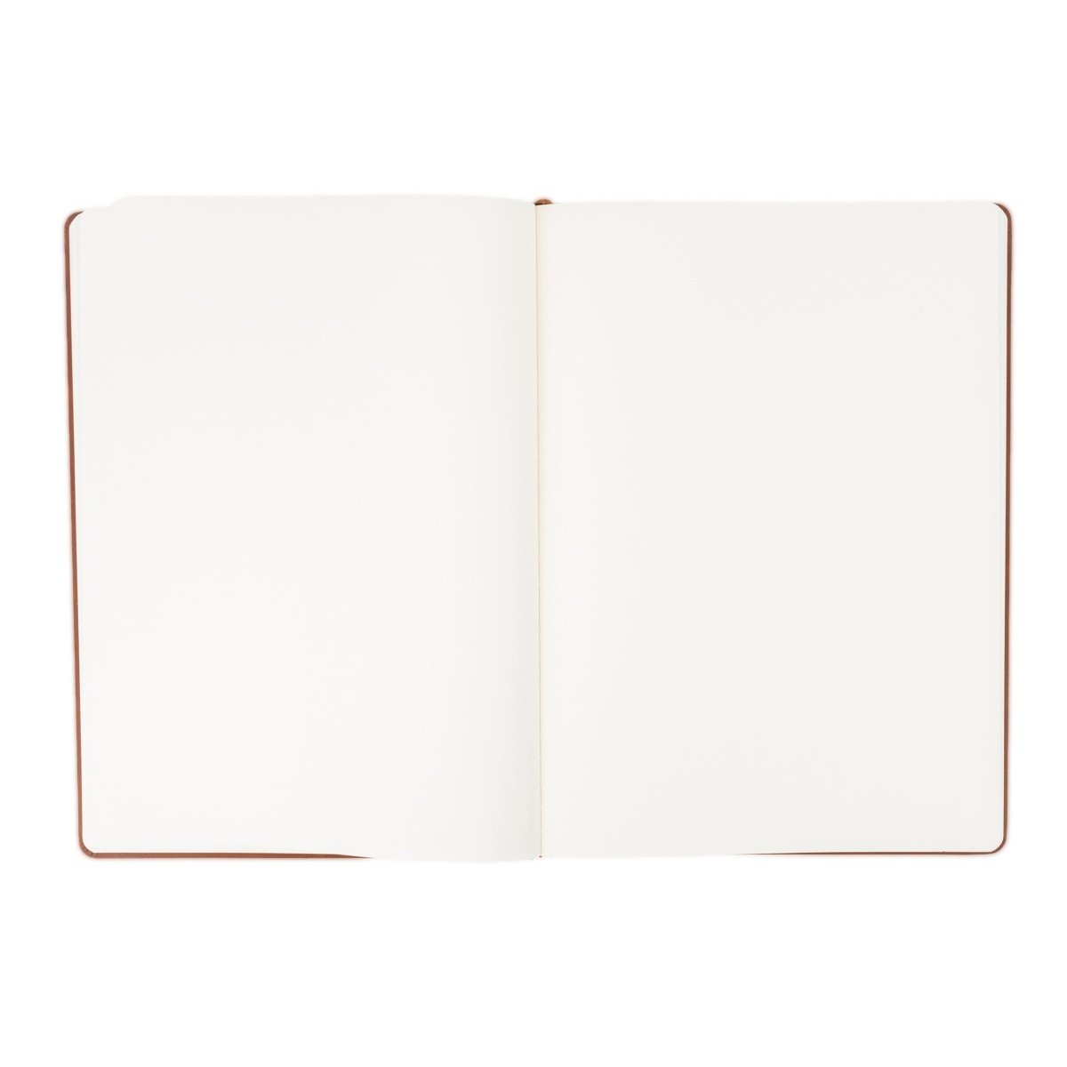 White executive notebook open with rose-gold edge trim and blank pages.