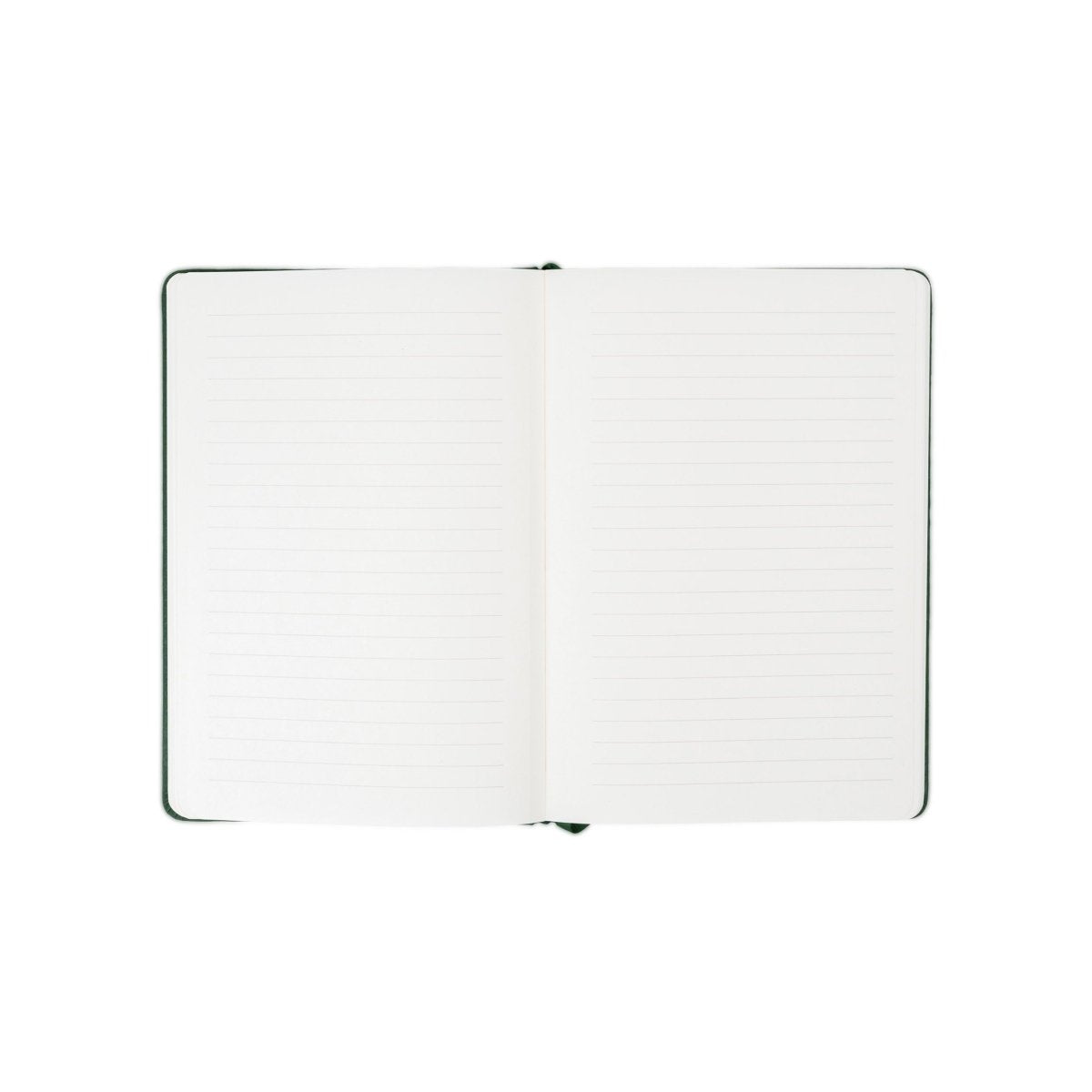 White executive notebook open with green edge trim and ruled page lines.