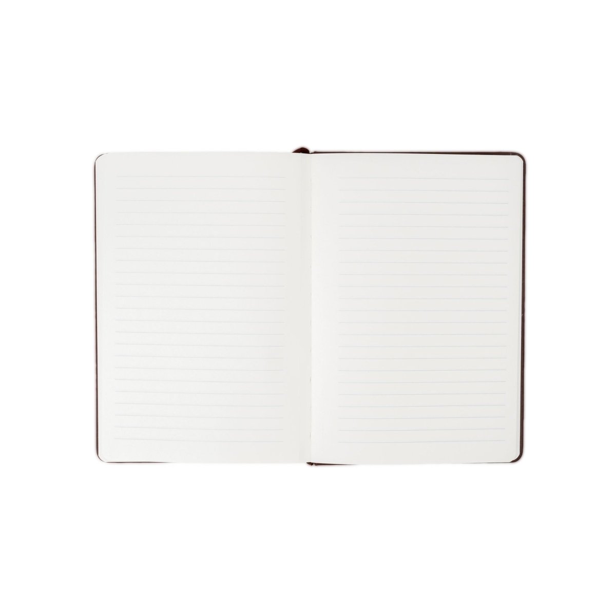 White executive notebook open with dark edge trim and blank ruled pages.