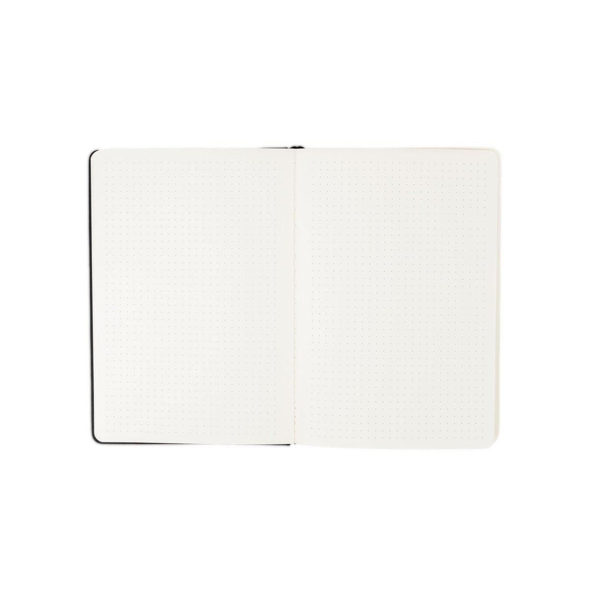 White executive notebook open with black edge trim and blank lined pages.