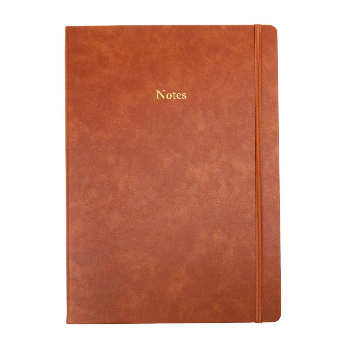 Orange-brown executive notebook with “Notes” foil on the cover and spine seam.