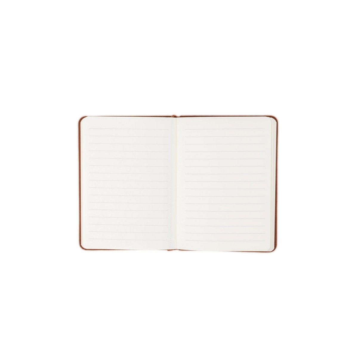 White executive notebook open with ruled pages and rose-gold border trim.