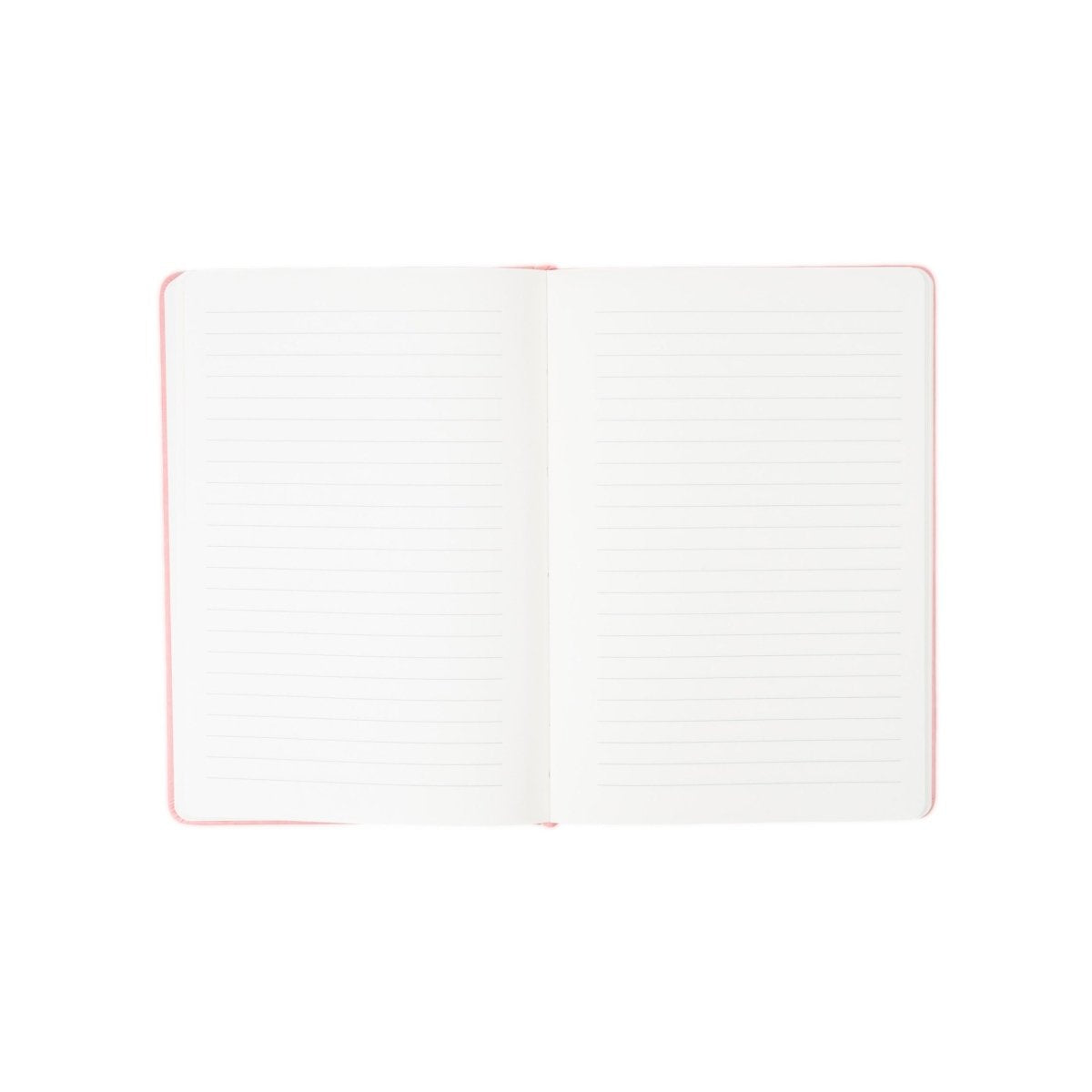 White executive notebook open with pink border trim and ruled pages.