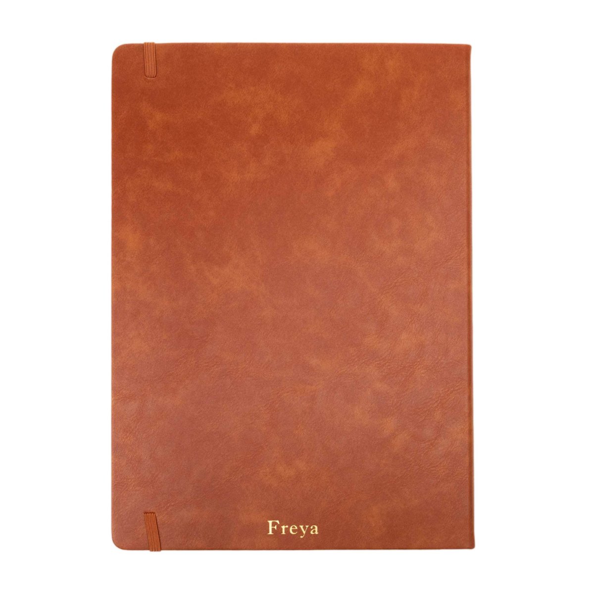 Rust orange executive notebook with elastic corner straps and “Freya” text on cover