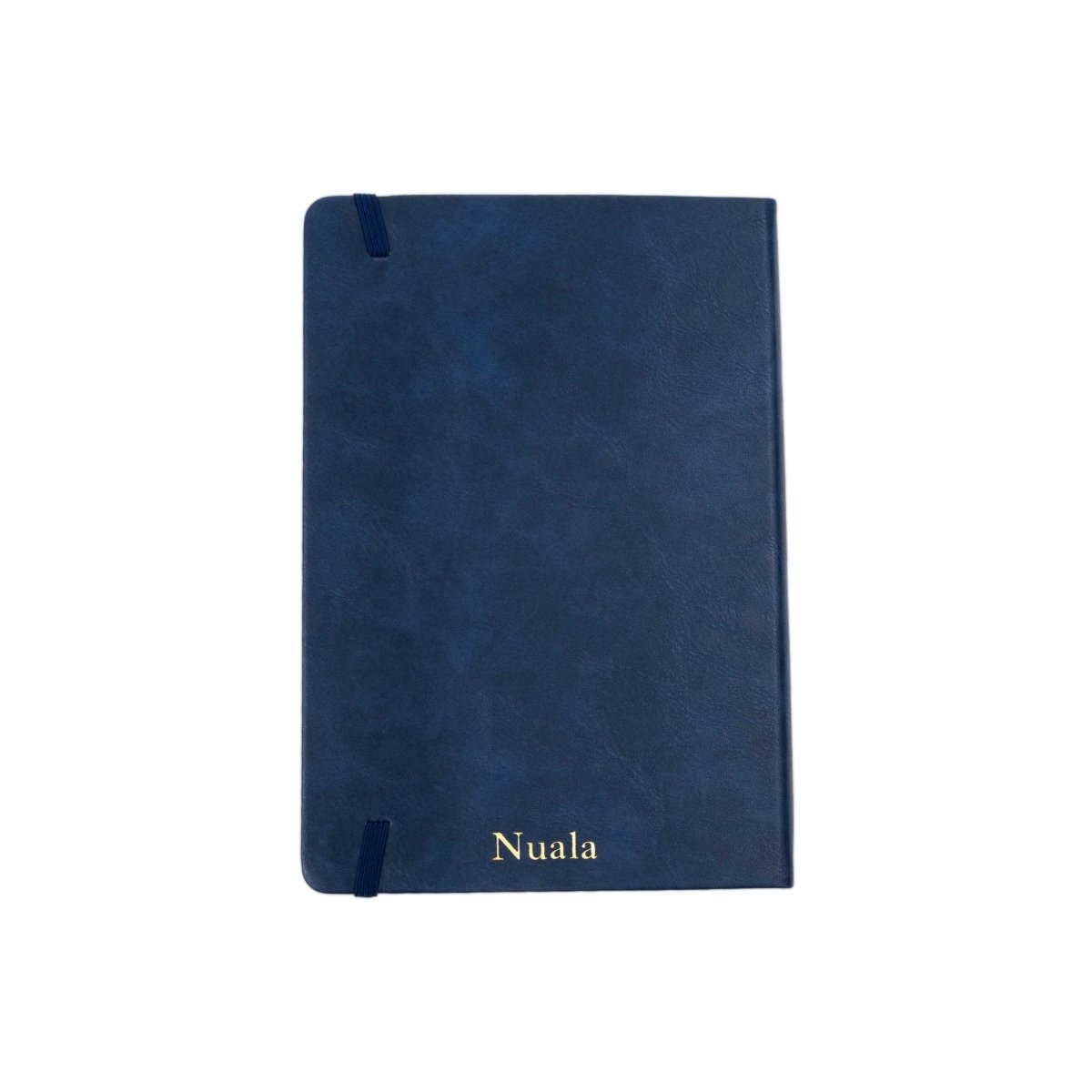 Navy executive notebook with elastic corner straps and “Nuala” text on cover