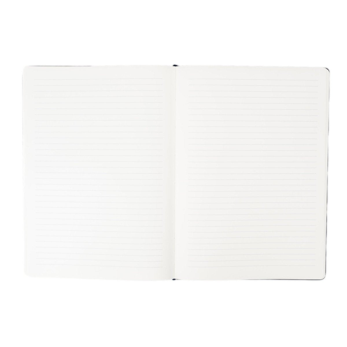 Open executive notebook with blank pages, white interior, flat lay view