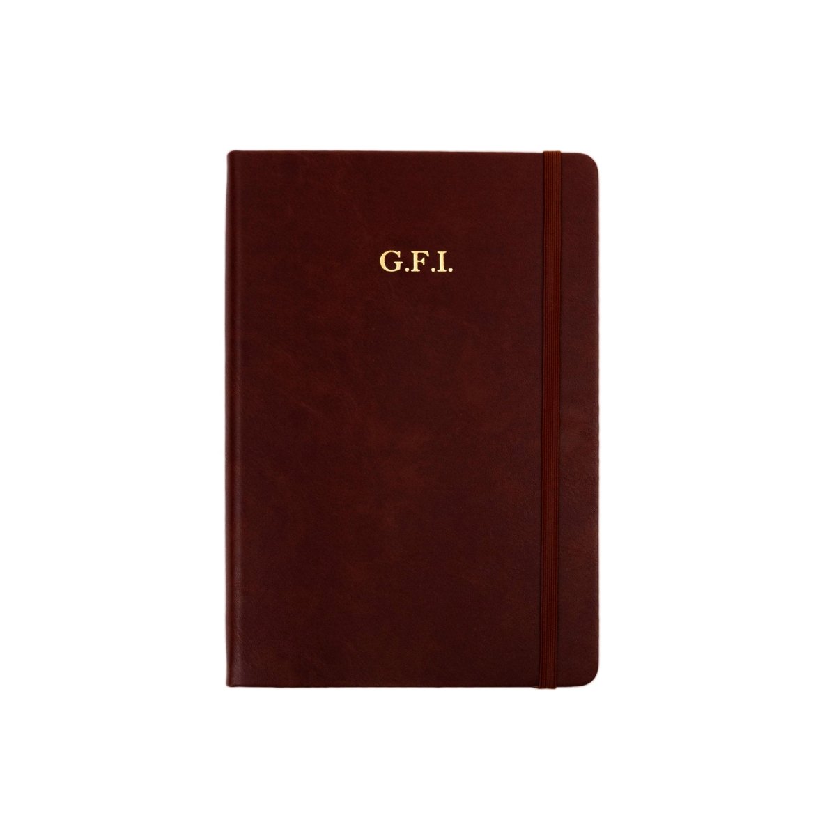 Burgundy executive notebook with G.F.I. monogram on the front cover and stitched edge trim.