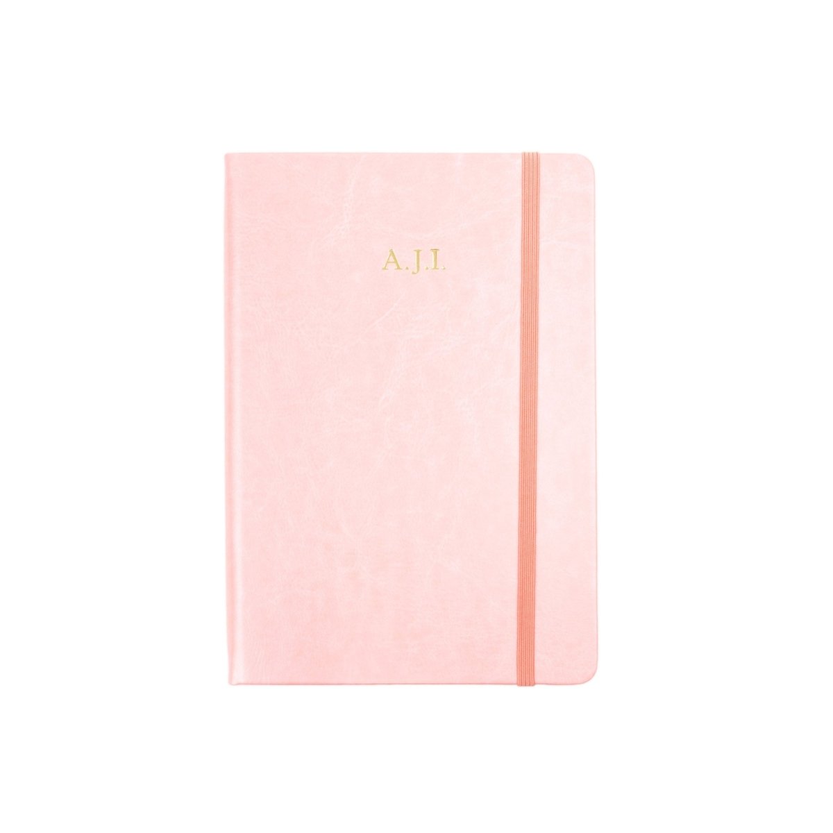 Pink executive notebook cover with vertical spine band and embossed initials “A.H.I.”