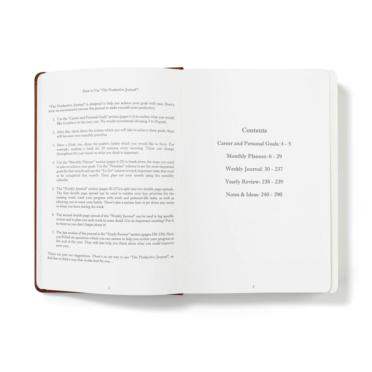Weekly planner journal with open contents and section headings on cream pages