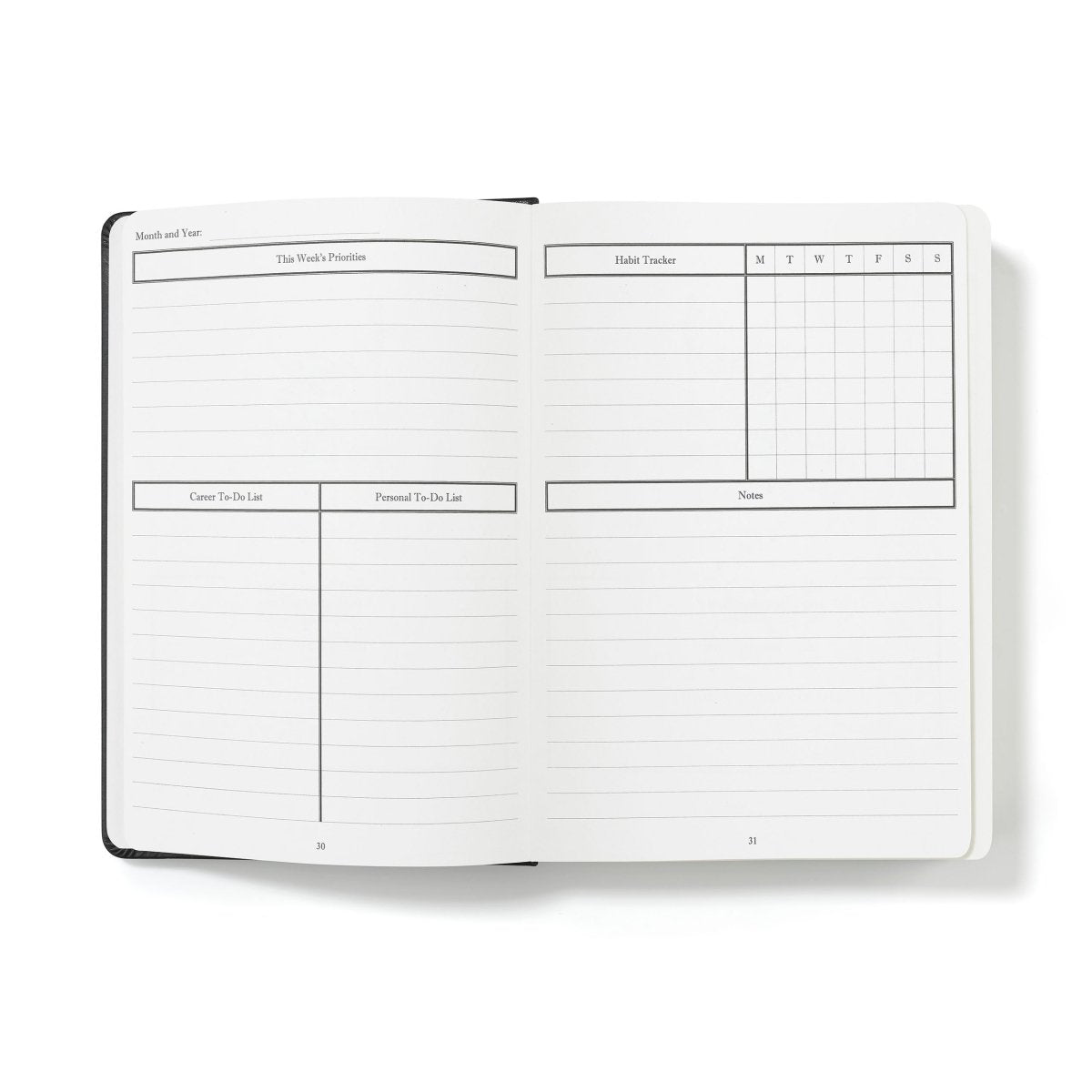 Open weekly productivity planner week layout with checklist boxes and notes area