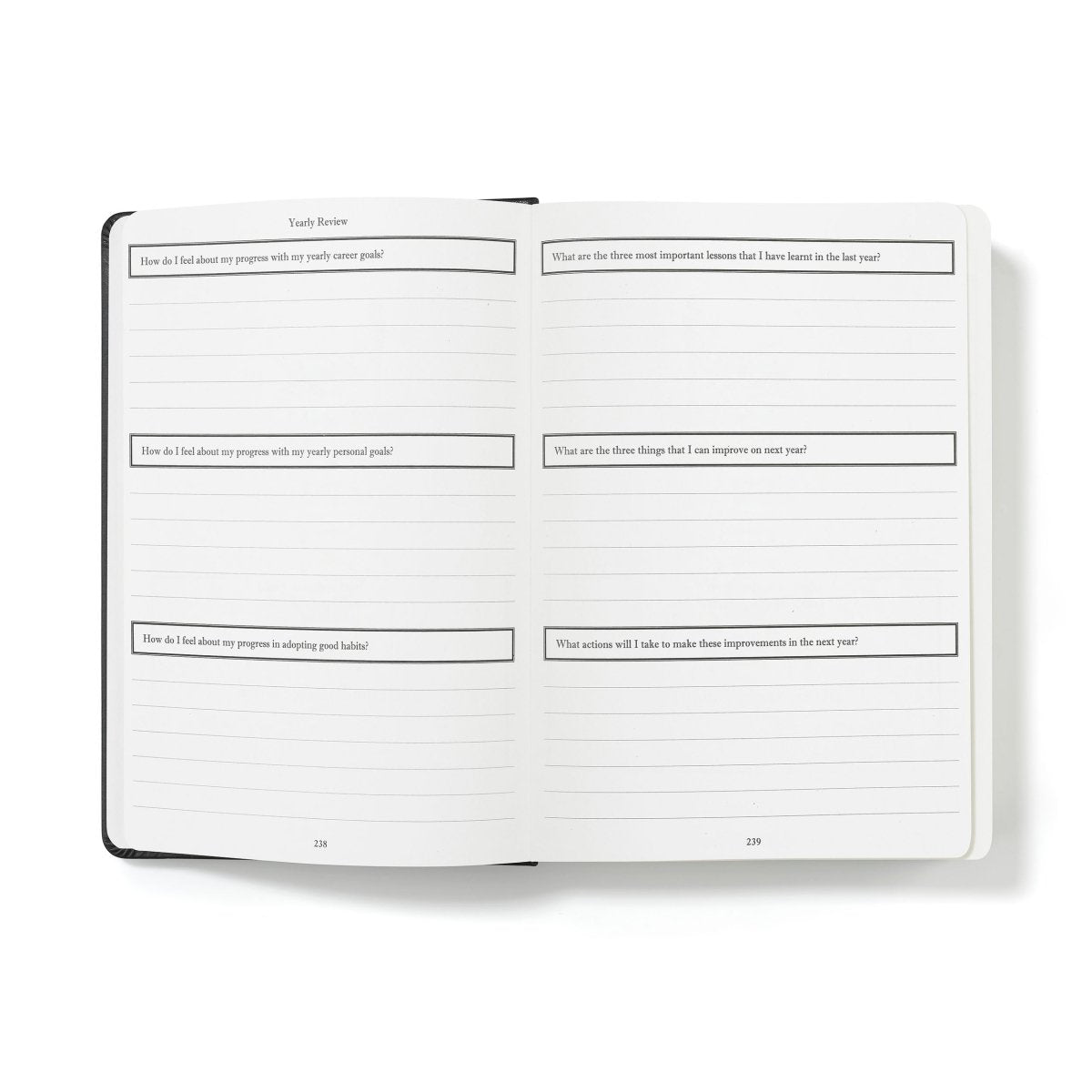 Weekly planner journal open to lined reflection pages, with boxed sections and headings.
