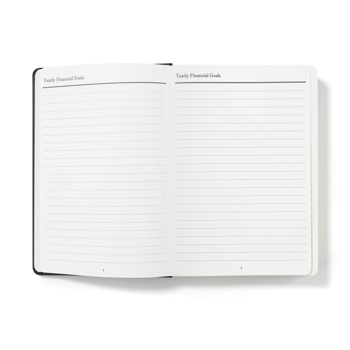 Open financial planner with yearly financial goals lines in two pages