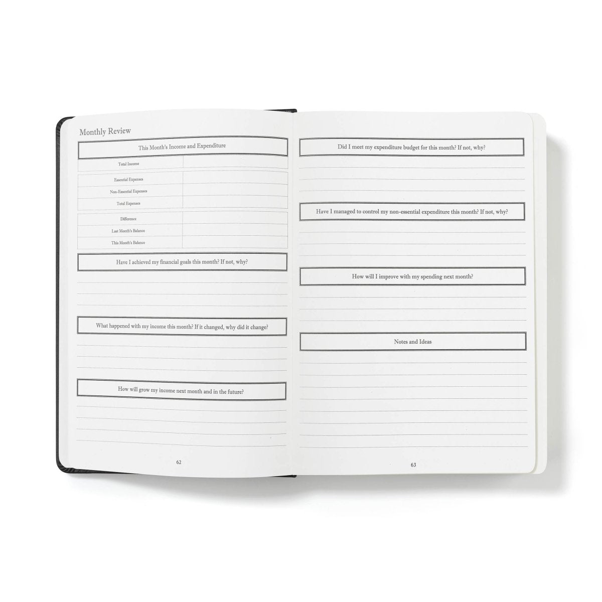 Open budget planner pages with monthly review fields and notes lines, black cover