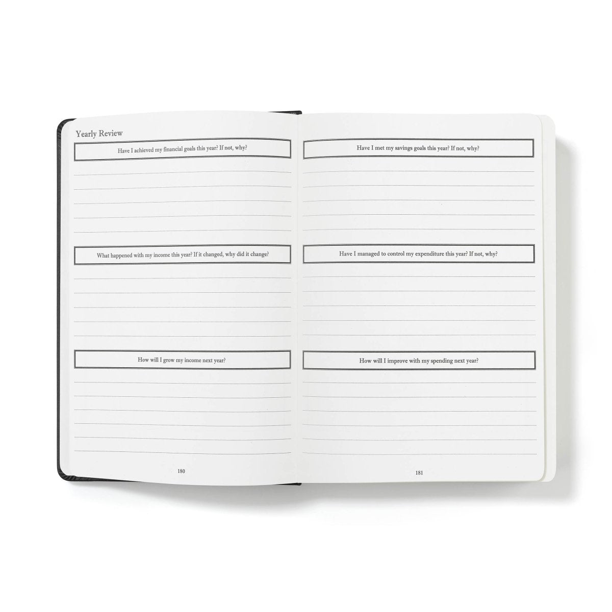 Open yearly review pages with reflection lines and spending questions, black cover