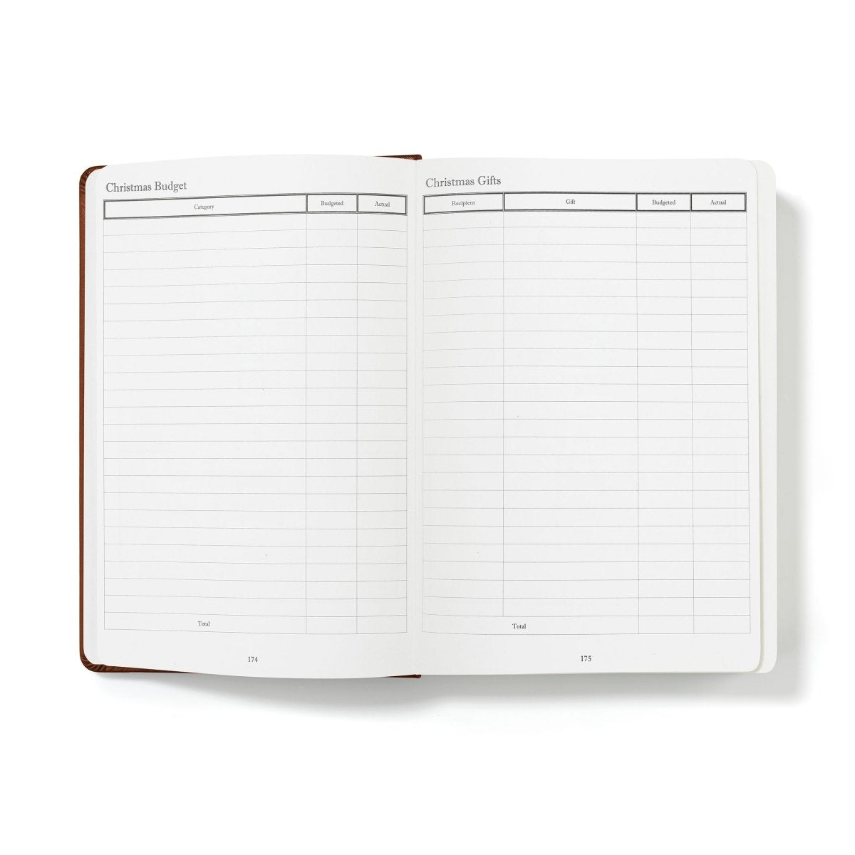 Open Christmas budget planner pages with line boxes and category trackers, chestnut cover