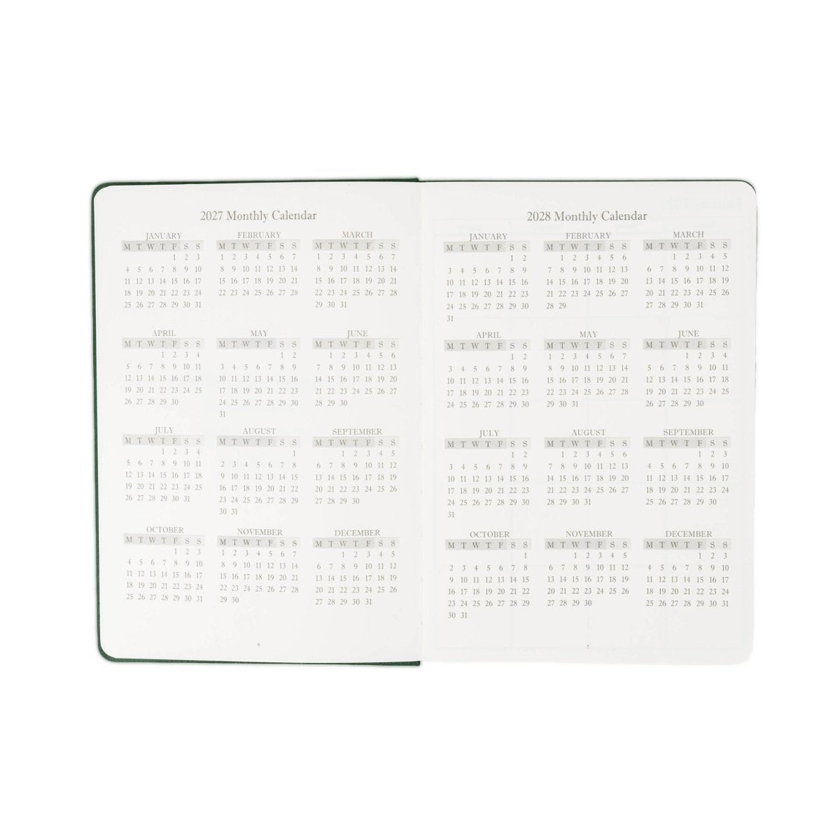 2027 weekly planner journal, open view with monthly calendar pages for 2027–2028
