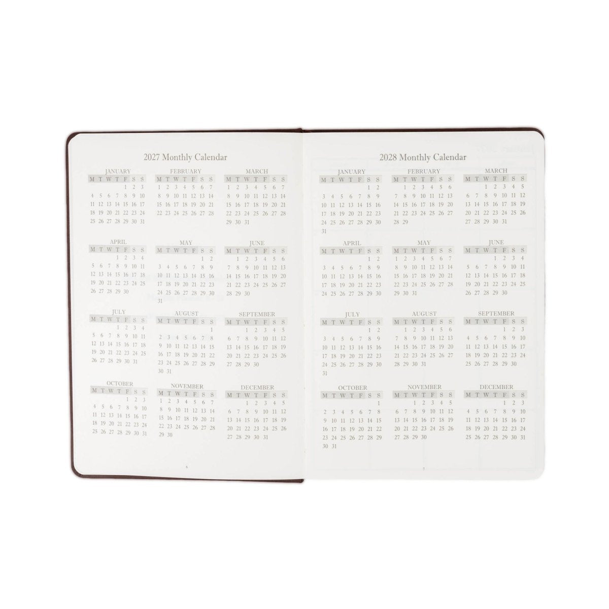2027 weekly planner journal, open view with two monthly calendar pages