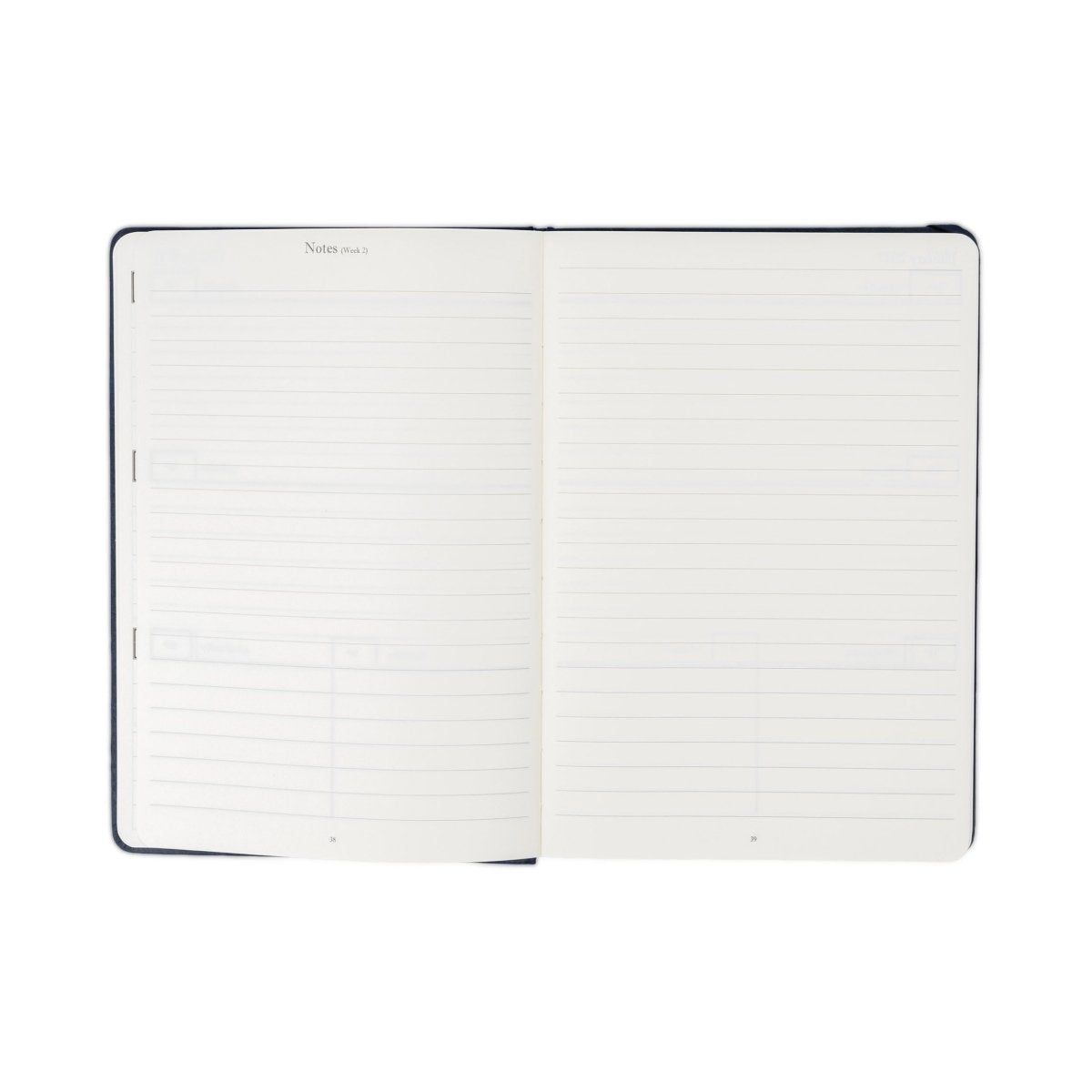 Open weekly journal spread with white lined notes and dark blue cover border.