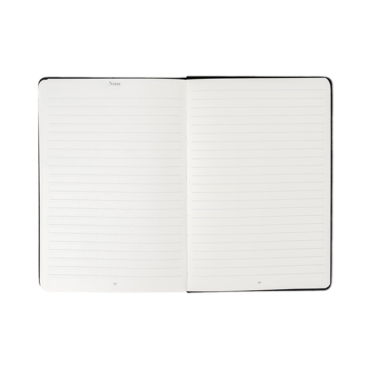Open weekly journal with two white lined note pages and light gray cover border.