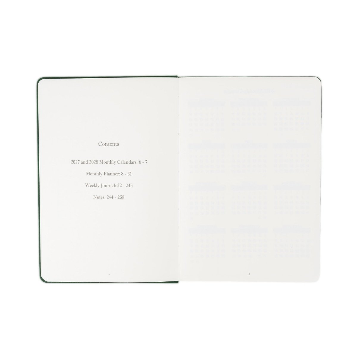 Weekly planner journal open to contents page with green edging and two-page layout