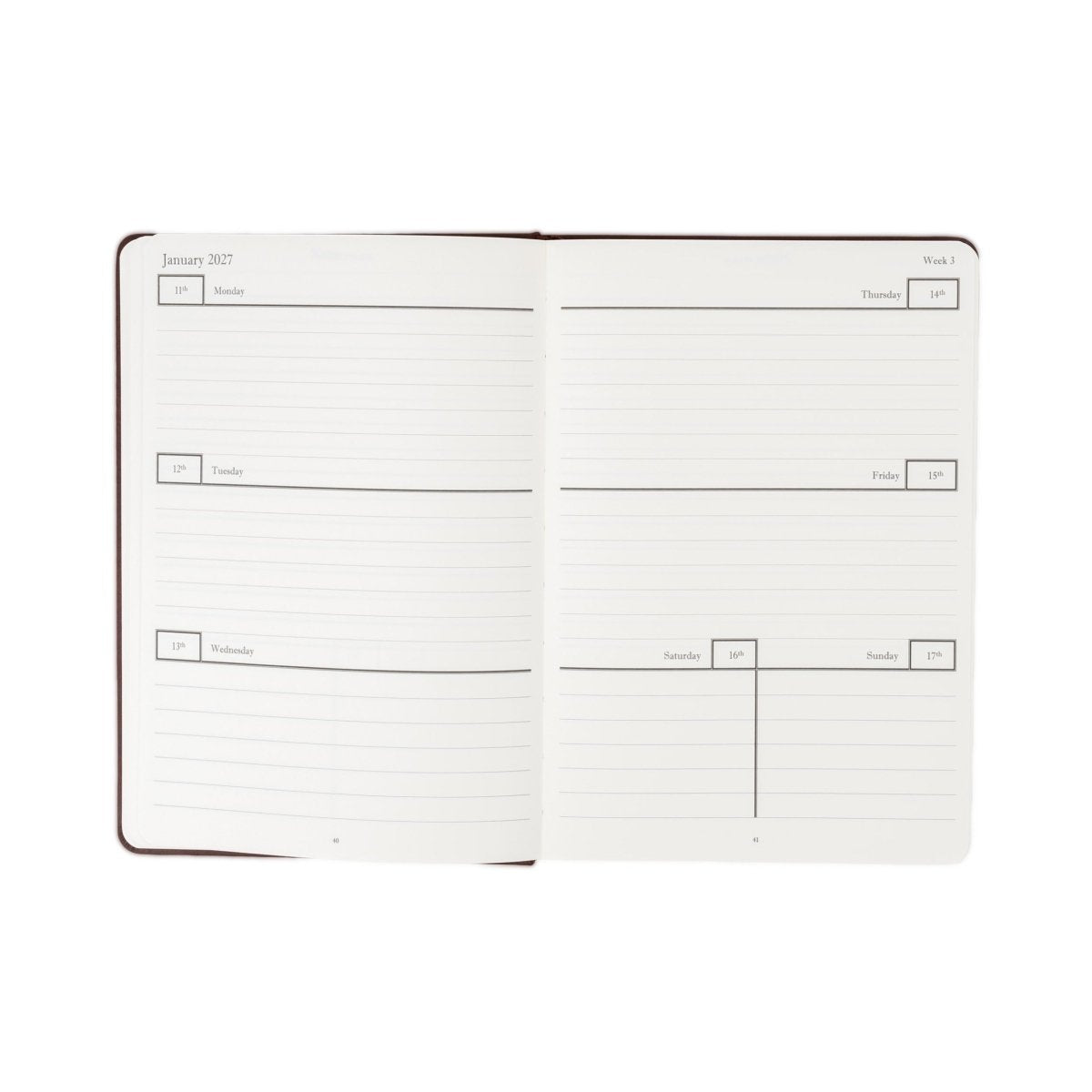 2027 weekly planner journal, open view with dated writing sections and tabs