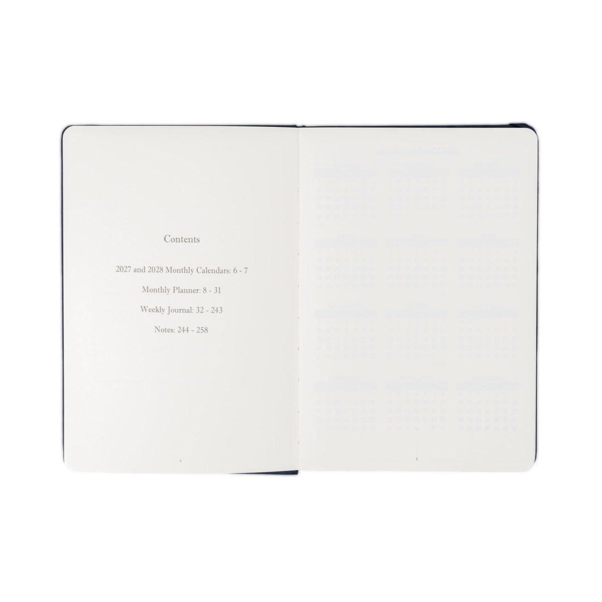 Weekly planner journal open to contents page with blue edging and two-page layout