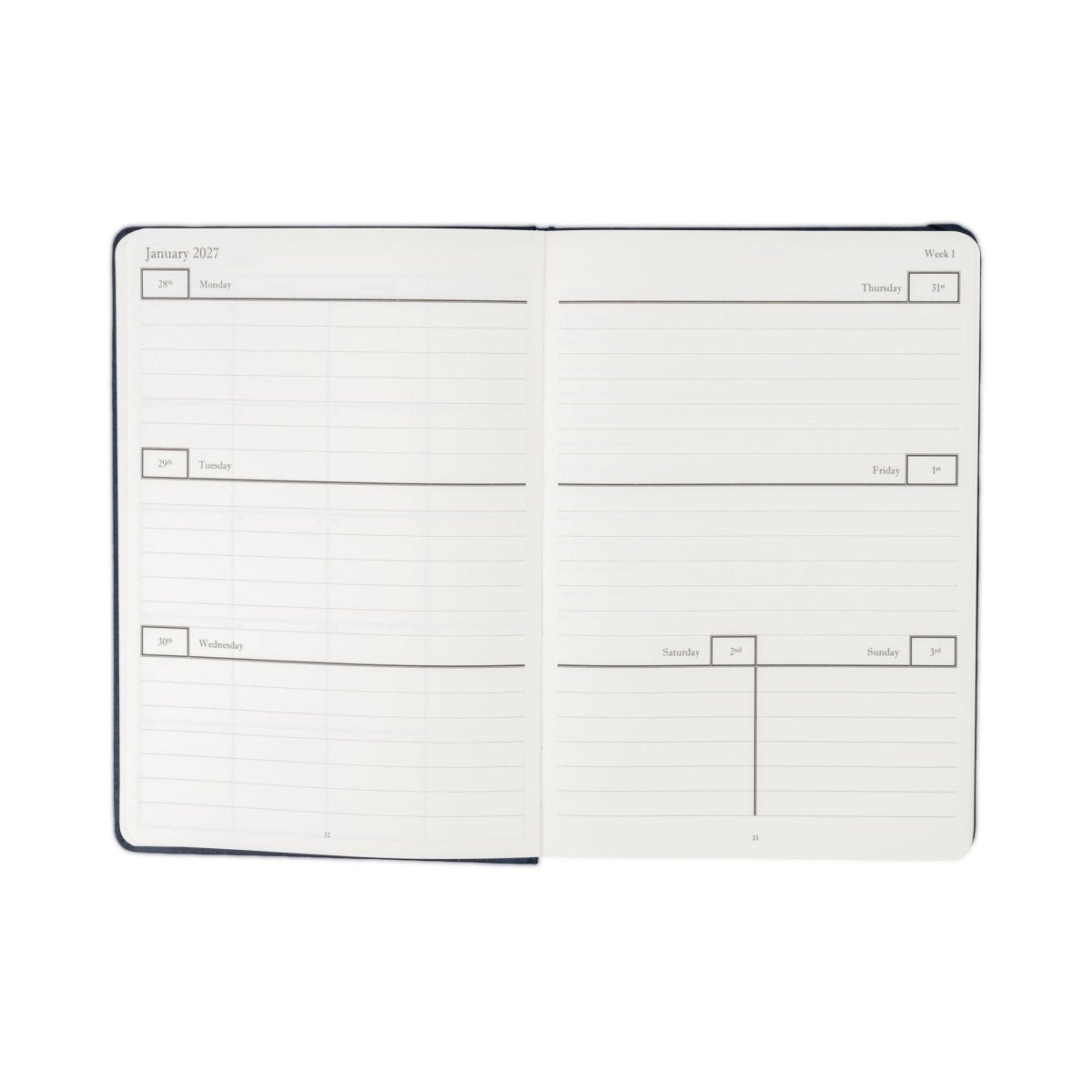 Open weekly planner spread with monthly layout and checkboxes; dark cover border.