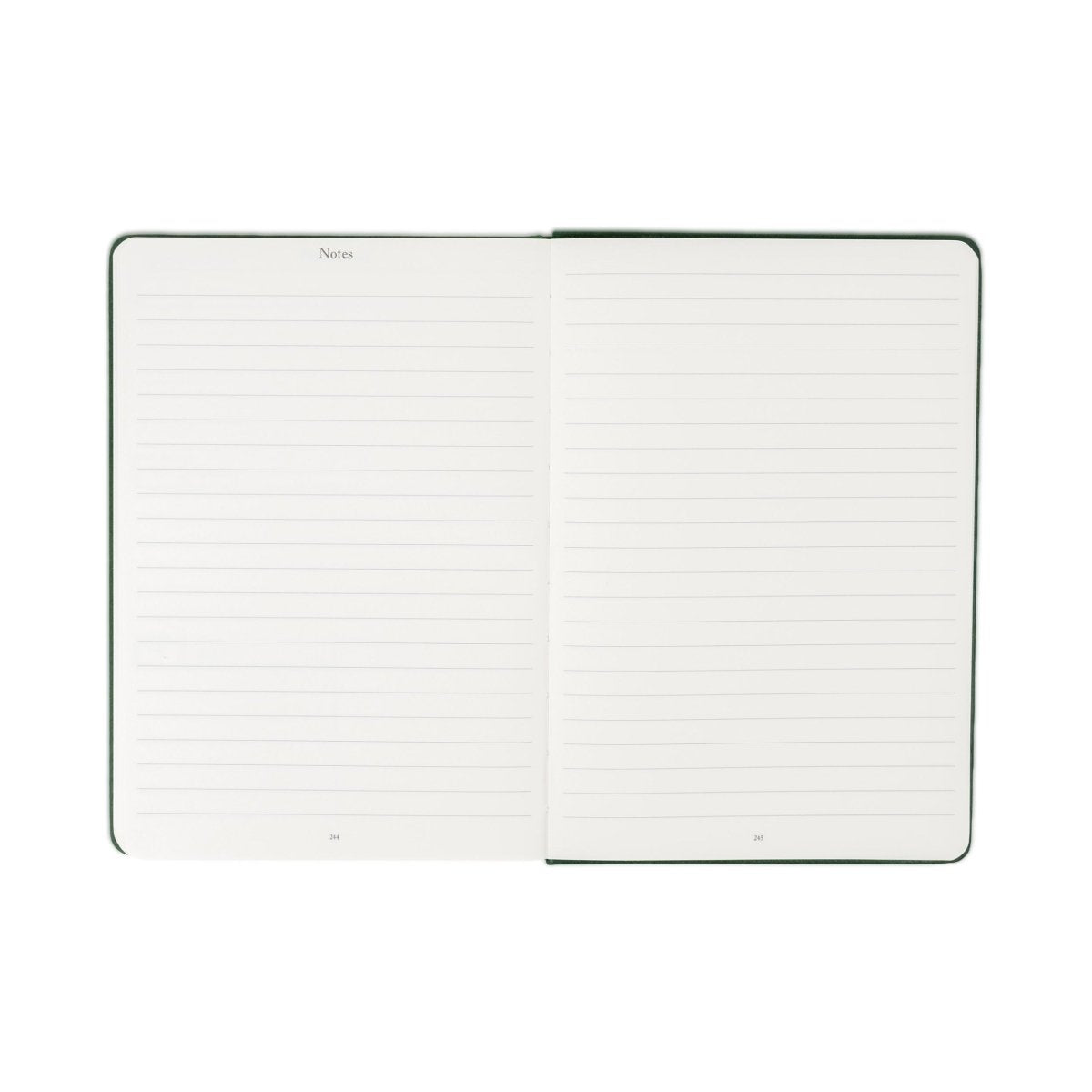 Open weekly journal with white lined notes pages and dark green cover border.