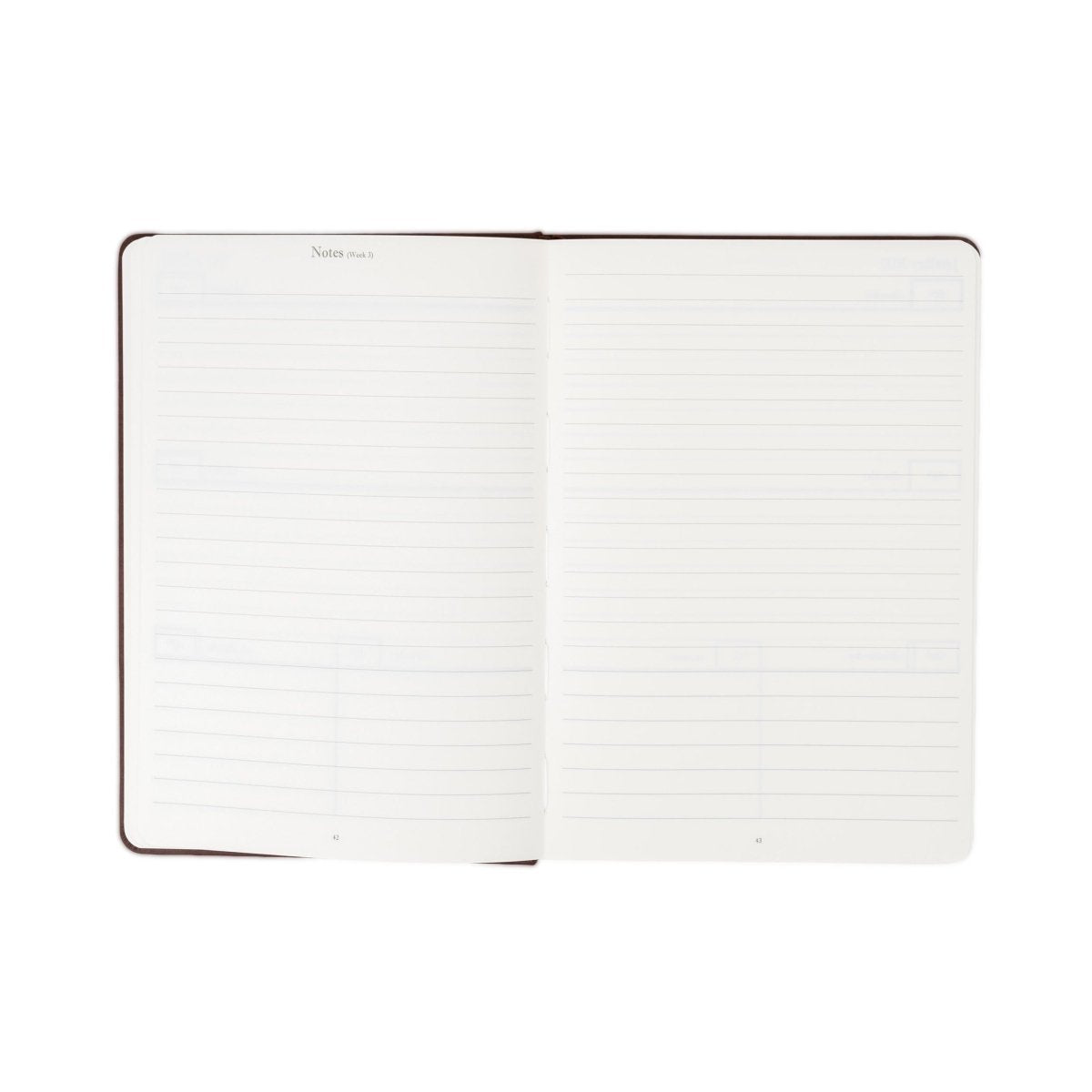 Weekly planner journal open to lined notes pages with brown edging and two-page spread